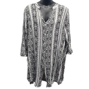 Pacific Beach Black White Boho Button‎ Front Tunic Top 3/4 Sleeve V Neck sz 3X